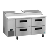 A Hoshizaki Steelheart refrigerated prep table featuring four pull-out drawers, a digital control panel, wheels for mobility, and a raised top section with two lids—ideal as a pizza prep table in busy restaurant kitchens.