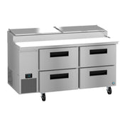 A Hoshizaki Steelheart refrigerated prep table featuring four pull-out drawers, a digital control panel, wheels for mobility, and a raised top section with two lids—ideal as a pizza prep table in busy restaurant kitchens.