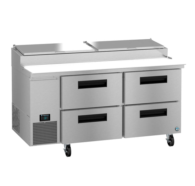 A Hoshizaki Steelheart refrigerated prep table featuring four pull-out drawers, a digital control panel, wheels for mobility, and a raised top section with two lids—ideal as a pizza prep table in busy restaurant kitchens.