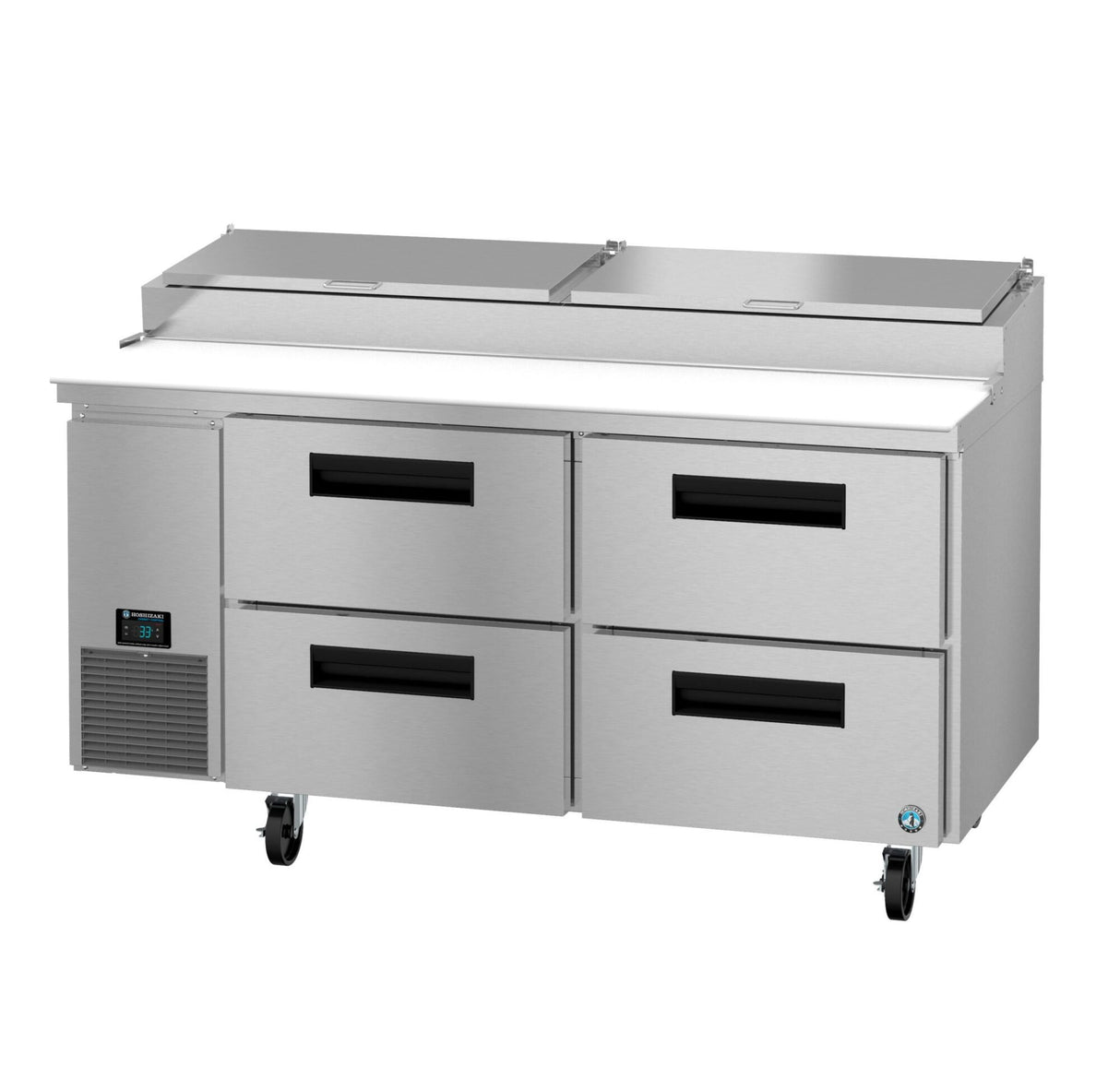 The Hoshizaki Steelheart refrigerated prep table features four pull-out drawers, two top sliding lids, a digital temperature display, and heavy-duty caster wheels—ideal as a pizza prep table for restaurant or food service operations.