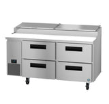 The Hoshizaki Steelheart refrigerated prep table features four pull-out drawers, two top sliding lids, a digital temperature display, and heavy-duty caster wheels—ideal as a pizza prep table for restaurant or food service operations.