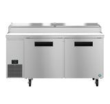 A large, stainless steel Hoshizaki Steelheart Series commercial refrigerator with two doors, black handles, vents on the bottom left, control panel displaying 33°F, and four caster wheels. The top features a raised section like a pizza prep table with a hinged metal cover.