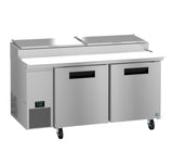 The Hoshizaki Steelheart Series pizza prep table features a commercial stainless steel build, two doors, a lower refrigeration unit, four wheels, and a raised back section with two lidded compartments and a white cutting board surface.