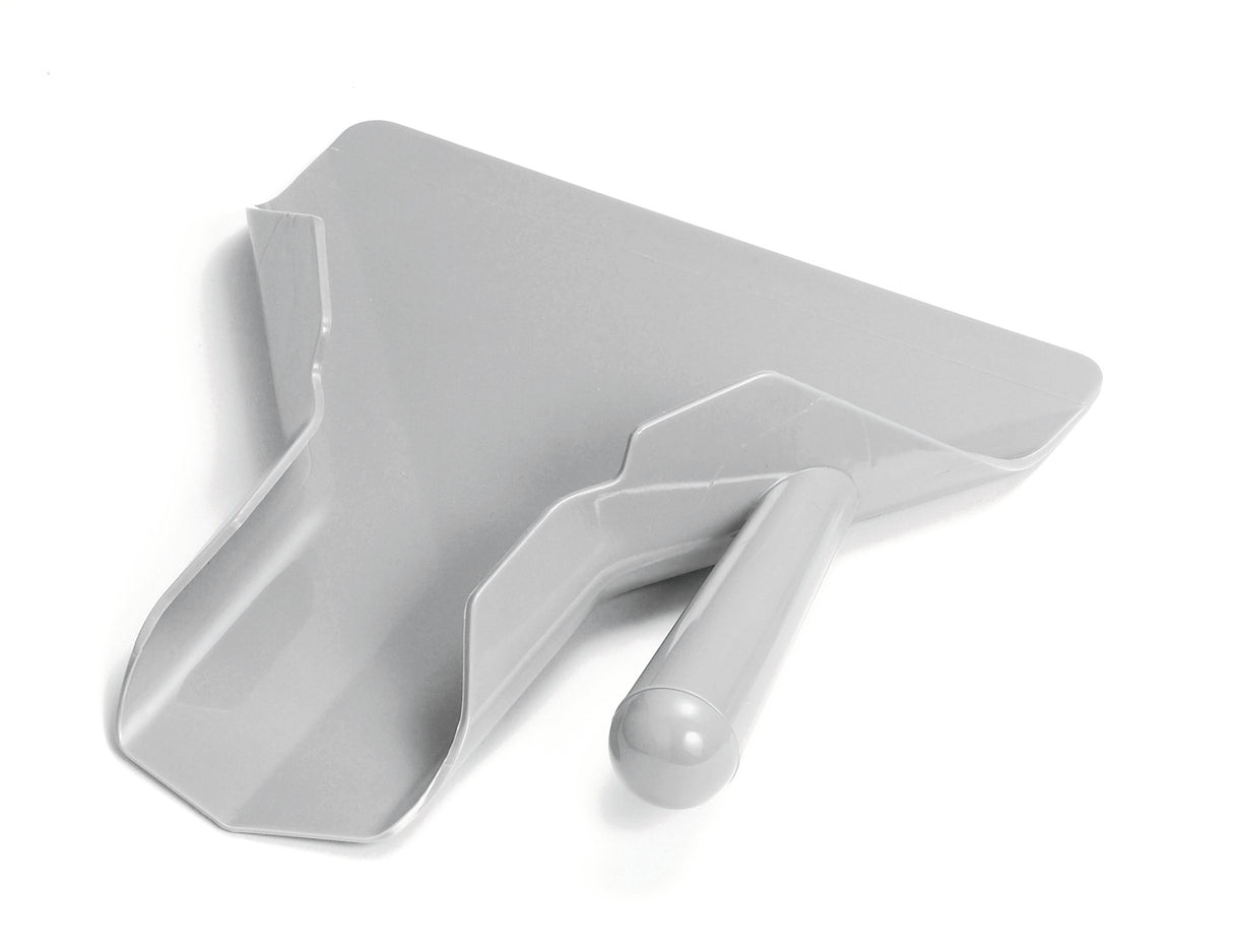 A gray plastic dustpan with a flat edge and a wide, deep pan features a right handle angled for easy gripping. Dishwasher safe, it resembles a French fry scoop and is displayed on a white background to highlight its details.