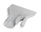 A gray plastic dustpan with a flat edge and a wide, deep pan features a right handle angled for easy gripping. Dishwasher safe, it resembles a French fry scoop and is displayed on a white background to highlight its details.