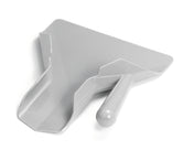 A gray plastic dustpan with a flat edge and a wide, deep pan features a right handle angled for easy gripping. Dishwasher safe, it resembles a French fry scoop and is displayed on a white background to highlight its details.