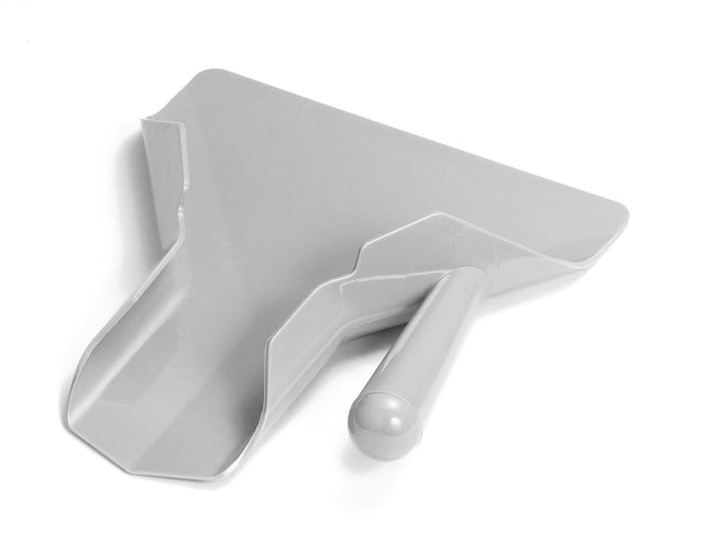 A gray plastic dustpan with a flat edge and a wide, deep pan features a right handle angled for easy gripping. Dishwasher safe, it resembles a French fry scoop and is displayed on a white background to highlight its details.
