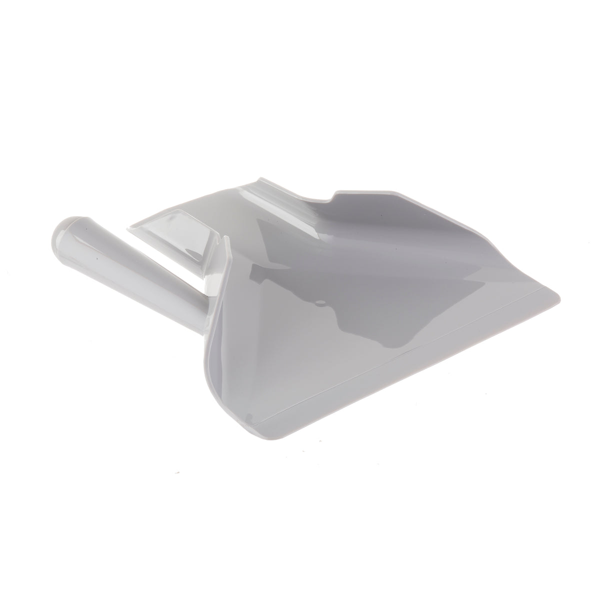 A light gray plastic dustpan with a flat base, slightly raised sides, and a short, right handle. Dishwasher safe, it is shown on a white background and angled to display its smooth surface and simple design.