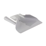 A light gray plastic dustpan with a flat base, slightly raised sides, and a short, right handle. Dishwasher safe, it is shown on a white background and angled to display its smooth surface and simple design.