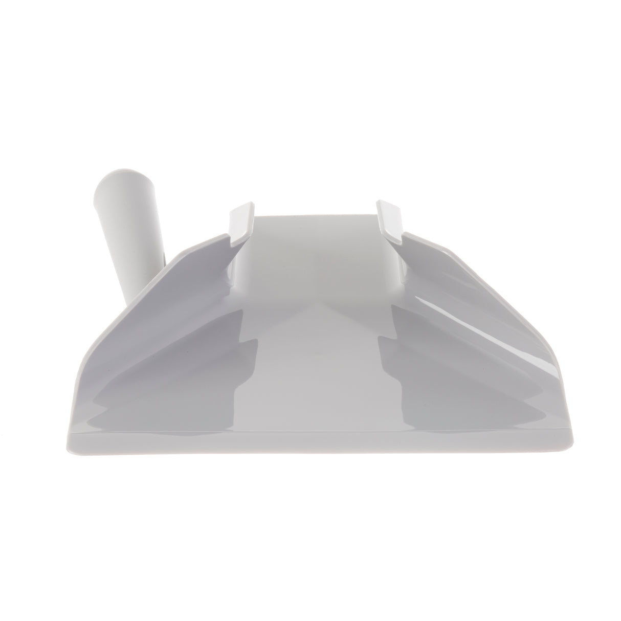 A gray plastic dustpan viewed from the front, lying flat with its short, angled right handle on the left. The wide, slightly raised sides help collect debris, and the surface has a glossy finish with subtle reflections. Dishwasher safe.