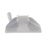 A gray plastic dustpan viewed from the front, lying flat with its short, angled right handle on the left. The wide, slightly raised sides help collect debris, and the surface has a glossy finish with subtle reflections. Dishwasher safe.