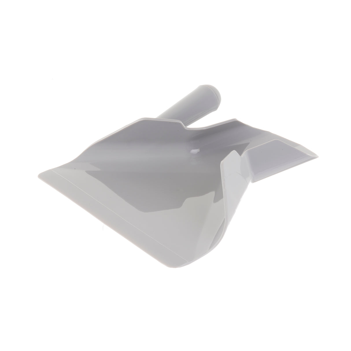 A gray plastic dustpan with a slightly curved edge and short, right handle, similar to a French fry scoop. The smooth surface is dishwasher safe and shown on a white background, angled to highlight its depth and shape.