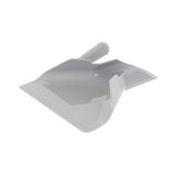 A gray plastic dustpan with a slightly curved edge and short, right handle, similar to a French fry scoop. The smooth surface is dishwasher safe and shown on a white background, angled to highlight its depth and shape.