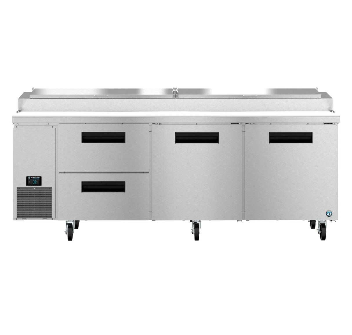 A large stainless steel pizza prep table features two refrigerated drawers on the left, two swing doors on the right, a digital control panel, bottom-left ventilation, four caster wheels, and an integrated prep station on top.