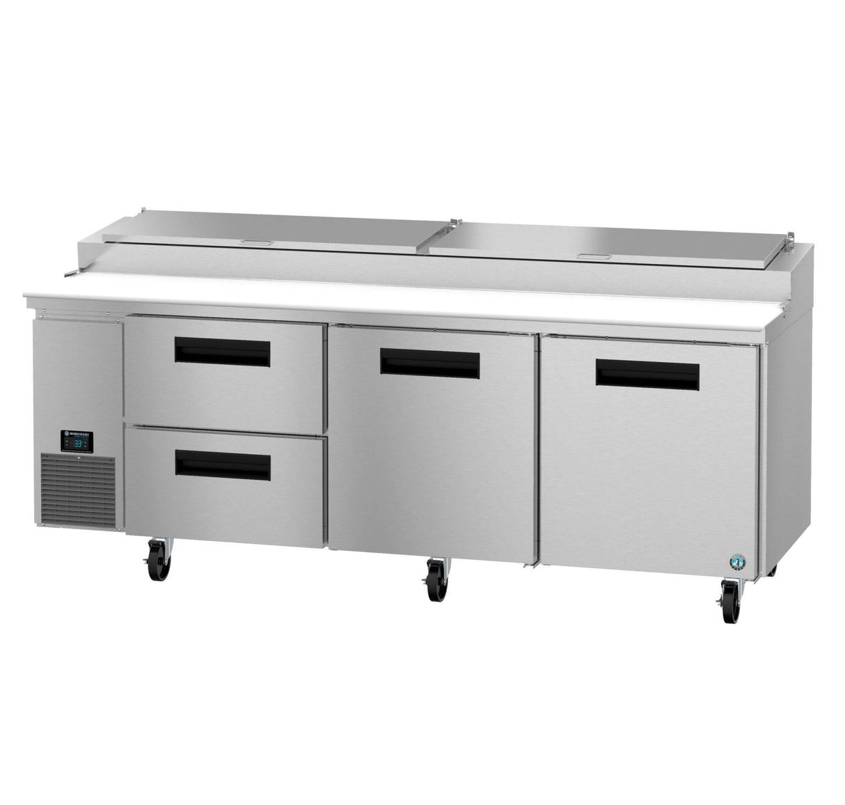 A commercial pizza prep table with a stainless steel finish features three doors, two refrigerated drawers, a flat worktop, four caster wheels, and a digital temperature control panel on the lower left side.