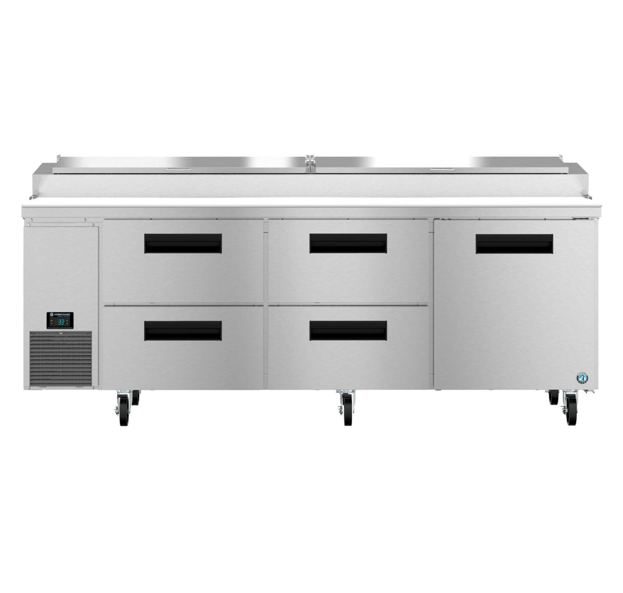 A large Hoshizaki Steelheart pizza prep table with a flat stainless steel top, six black-handled drawers, and wheels for mobility. The left side features a digital temperature display panel and vent, plus a raised section for ingredient storage.