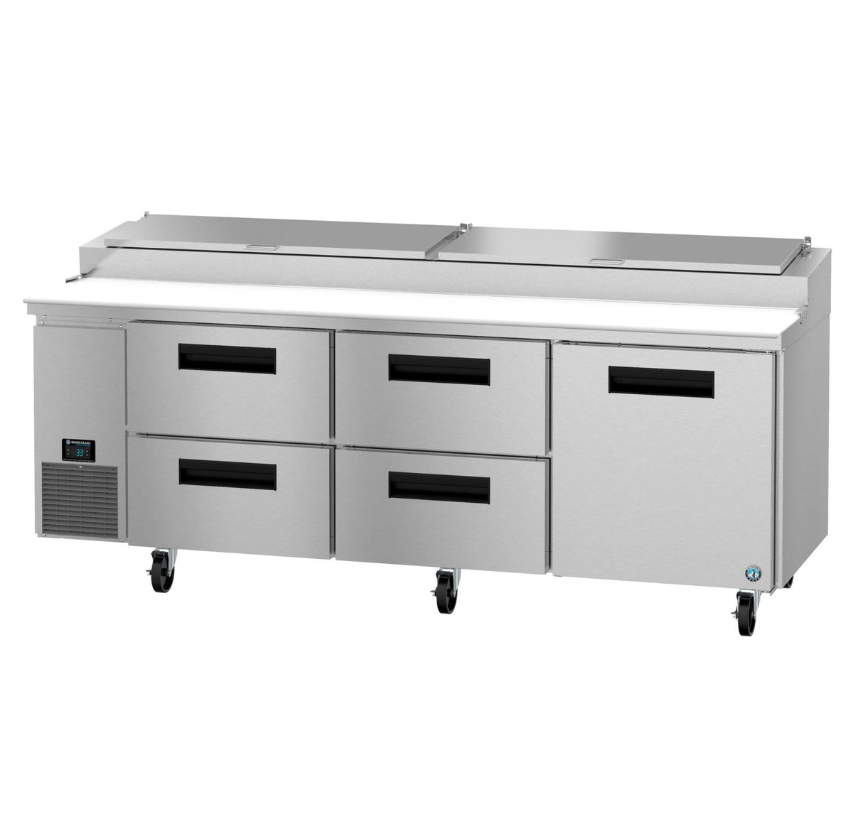 A Hoshizaki Steelheart pizza prep table, crafted from stainless steel, features six black-handled drawers, two right-side doors, a white cutting surface, lidded compartments, wheels for mobility, and a digital temperature display on the left front.