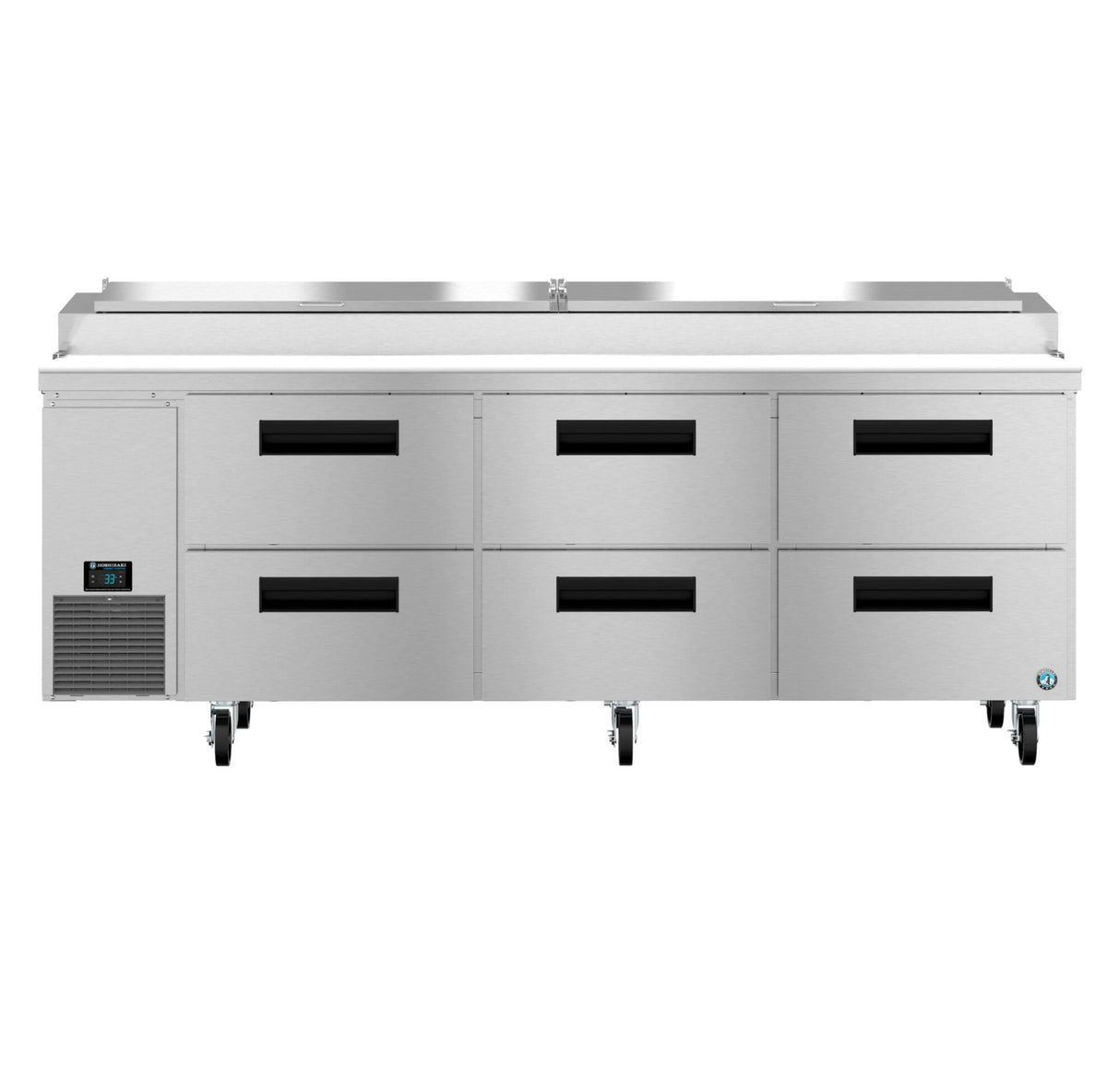 A large commercial stainless steel pizza prep table with six black-handled refrigerated drawers, a digital control panel on the left, and four caster wheels. The top features a covered compartment for food storage or ingredients.