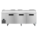 A large Hoshizaki Steelheart stainless steel commercial refrigerator with three doors, black handles, digital display left, bottom-left ventilation, and four caster wheels. The raised top lid adds convenient storage or pizza prep table space.