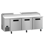 A commercial Hoshizaki Steelheart pizza prep table with three refrigerated doors, stainless steel cutting board surface, raised ingredient storage with hinged lids, black handles, left-side control panel, and caster wheels for mobility.