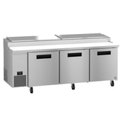 A commercial Hoshizaki Steelheart pizza prep table with three refrigerated doors, stainless steel cutting board surface, raised ingredient storage with hinged lids, black handles, left-side control panel, and caster wheels for mobility.