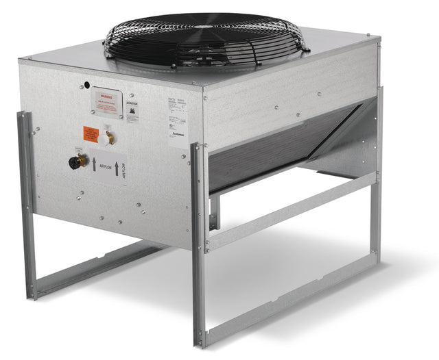 A large, metal Scotsman condenser unit stands on a metal frame. The silver-gray exterior features a black protective fan grill, various labels, ports, and switches on one side, plus angled vents for airflow—ideal for remote refrigeration setups.