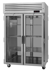 A commercial stainless steel double-door refrigerator with glass doors, visible interior shelves, and a digital temperature display on the top right. The pass-thru unit is on four caster wheels, and the interior is empty.