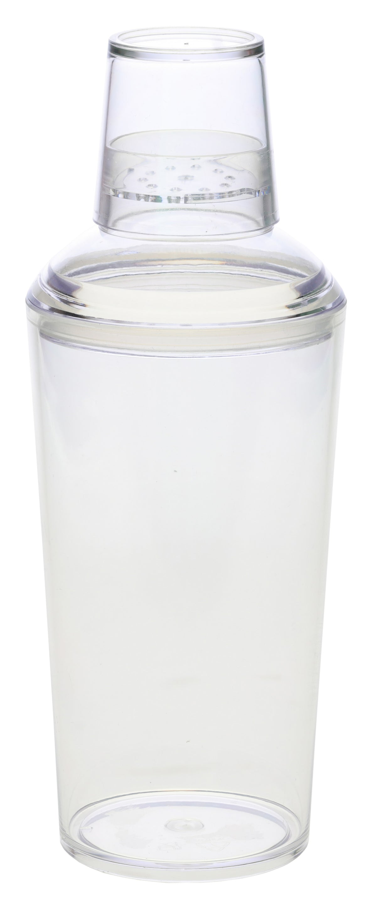 A clear, BPA free cocktail shaker made of break resistant transparent plastic, with a fitted cap and strainer on top, shown standing upright against a white background.