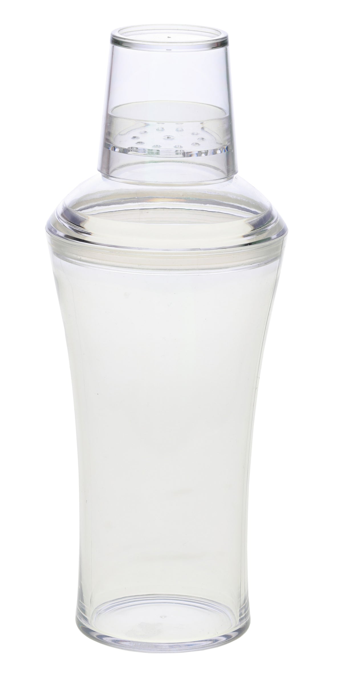 A clear, 20 oz cocktail shaker made of transparent plastic is shown upright with its lid securely on top. The tapered body curves inward toward the middle, while the dome-shaped lid features a built-in strainer for easy pouring.