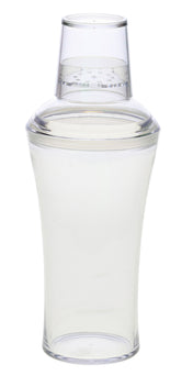 A clear, 20 oz cocktail shaker made of transparent plastic is shown upright with its lid securely on top. The tapered body curves inward toward the middle, while the dome-shaped lid features a built-in strainer for easy pouring.