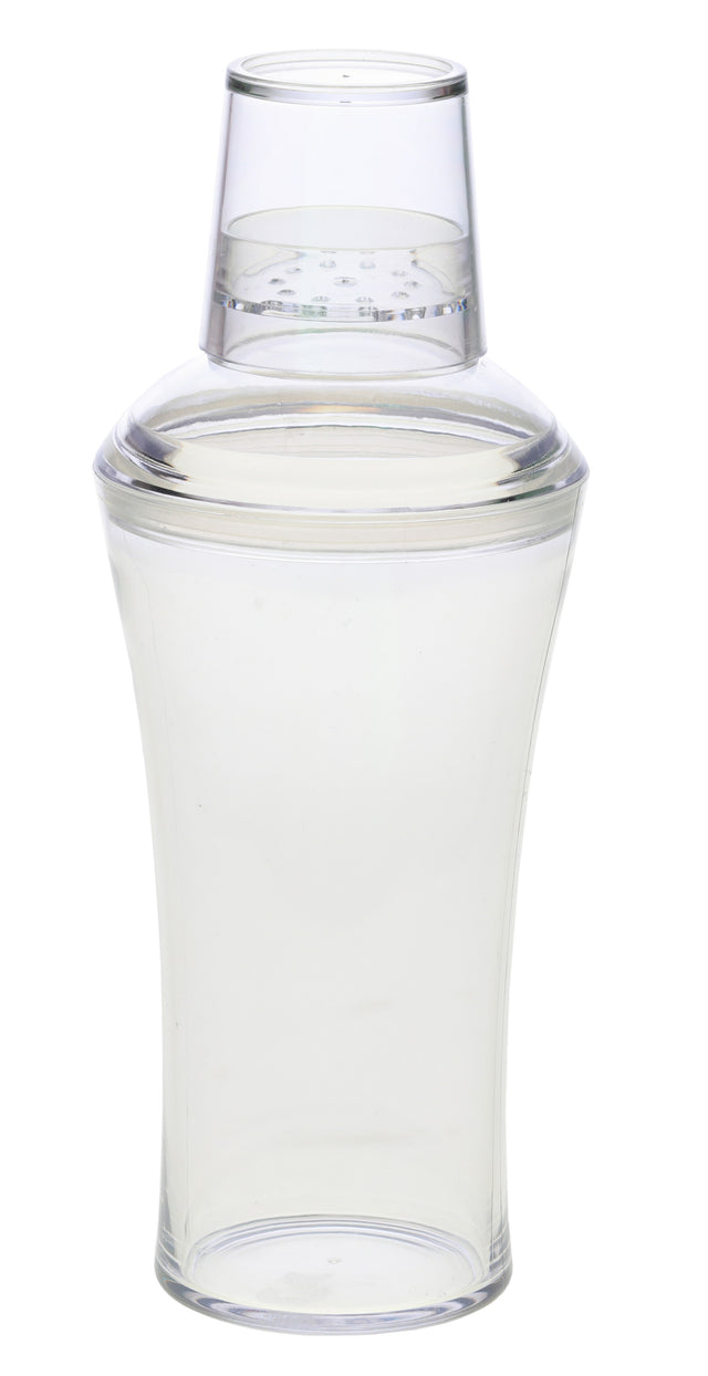 A clear, 20 oz cocktail shaker made of transparent plastic is shown upright with its lid securely on top. The tapered body curves inward toward the middle, while the dome-shaped lid features a built-in strainer for easy pouring.