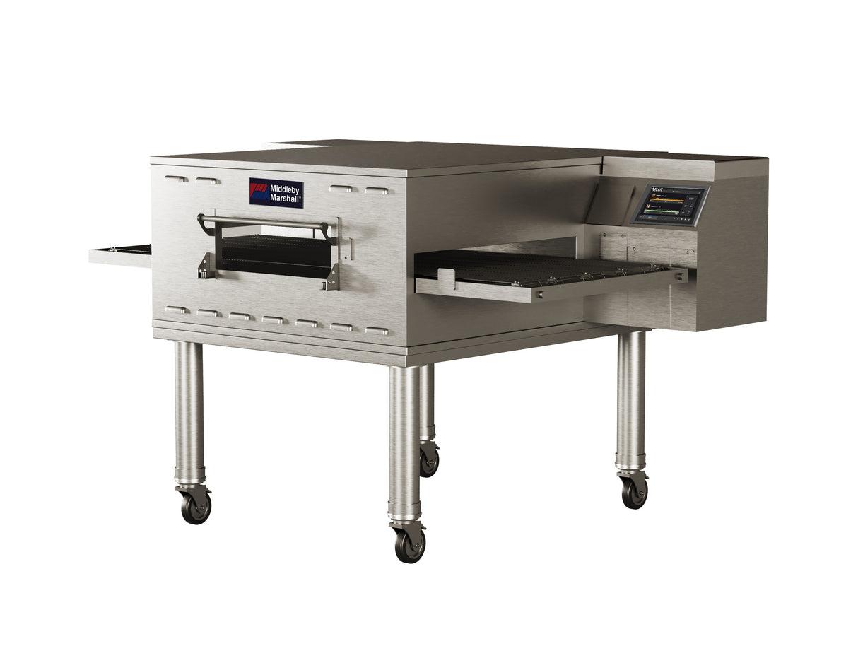 A ventless conveyor oven on wheels with a front control panel, side entry and exit trays, and a visible conveyor belt. The oven features the “Middleby Marshall” logo on the front, ensuring efficient commercial pizza baking.