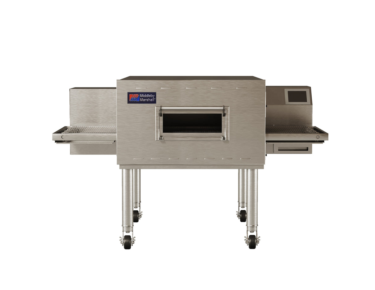 A stainless steel impingement conveyor oven with a front-facing open slot, touch screen control panel on the right, and mesh conveyor belts extending from each side. The unit stands on four legs with wheels and features a “Middleby Marshall” logo on the upper left.