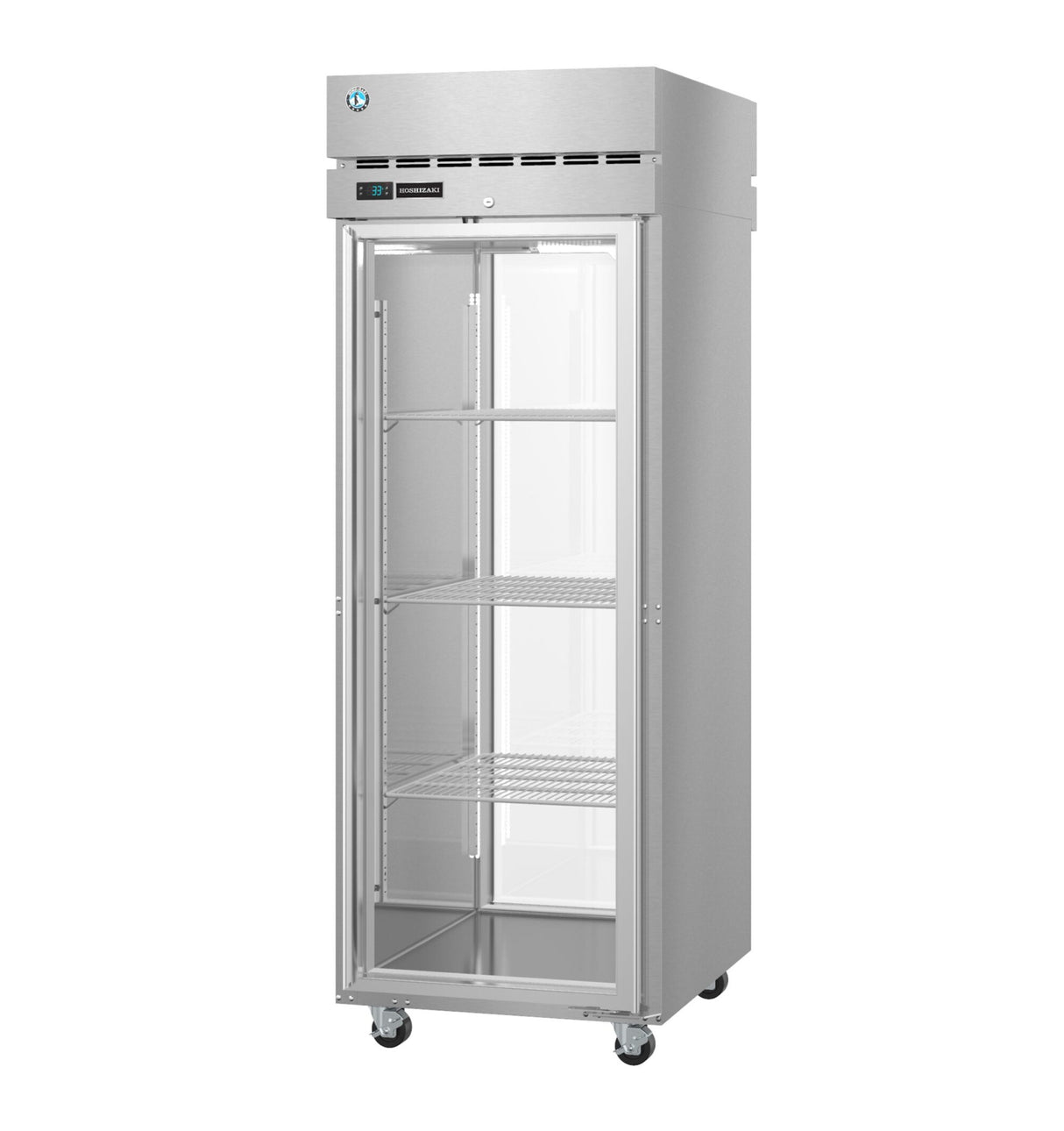 A tall, stainless steel Hoshizaki Steelheart Series Refrigerator with a glass door, three adjustable wire shelves, and wheels for easy mobility. The control panel and vent are at the top front. The interior is empty and brightly lit.