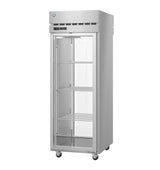 A tall, stainless steel Hoshizaki Steelheart Series Refrigerator with a glass door, three adjustable wire shelves, and wheels for easy mobility. The control panel and vent are at the top front. The interior is empty and brightly lit.