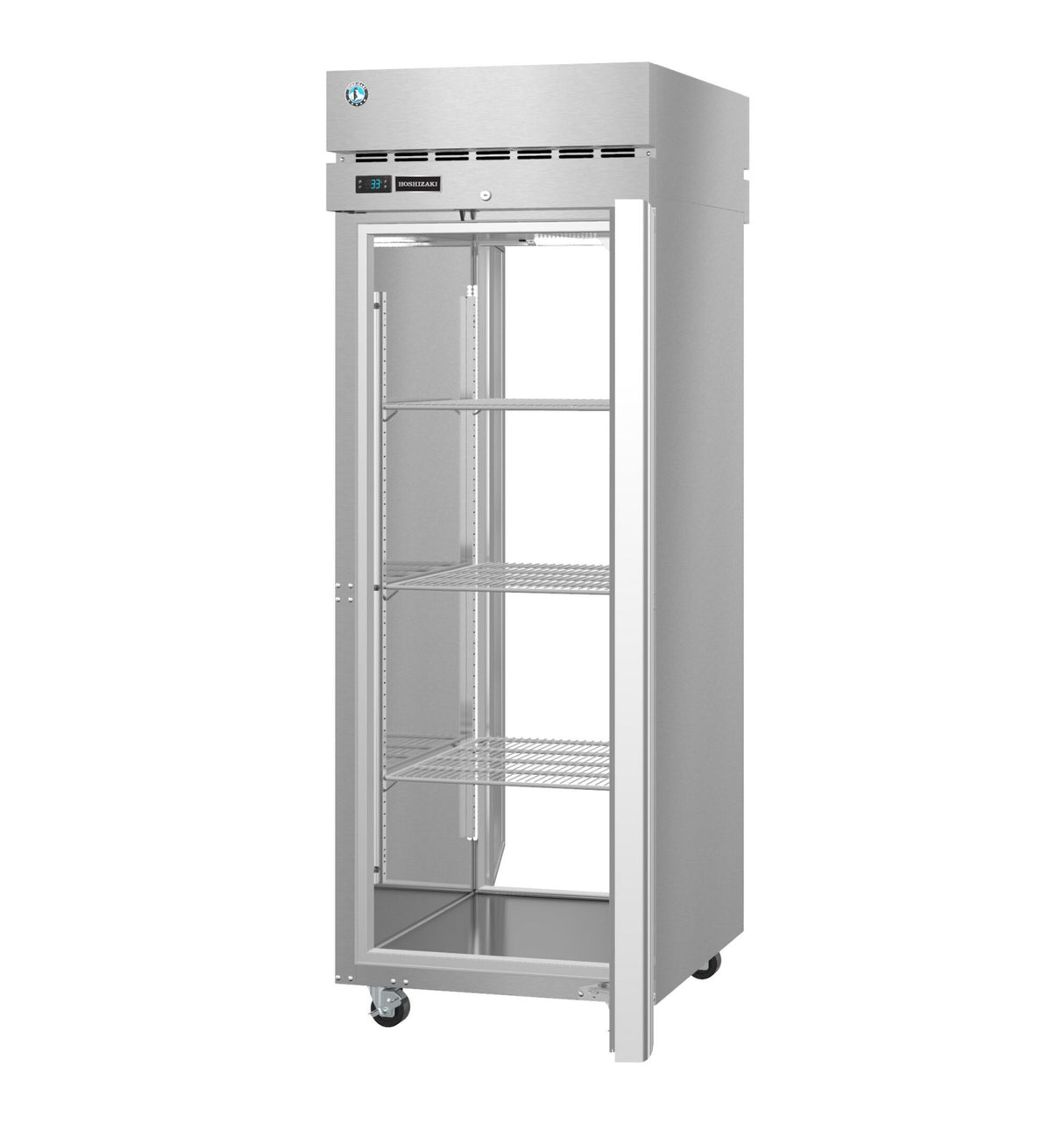 A tall, stainless steel Hoshizaki Steelheart Series Refrigerator with a glass door, three adjustable wire shelves, a digital display panel, top ventilation slots, and four caster wheels for mobility. The interior is empty and clean.