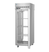 A tall, stainless steel Hoshizaki Steelheart Series Refrigerator with a glass door, three adjustable wire shelves, a digital display panel, top ventilation slots, and four caster wheels for mobility. The interior is empty and clean.