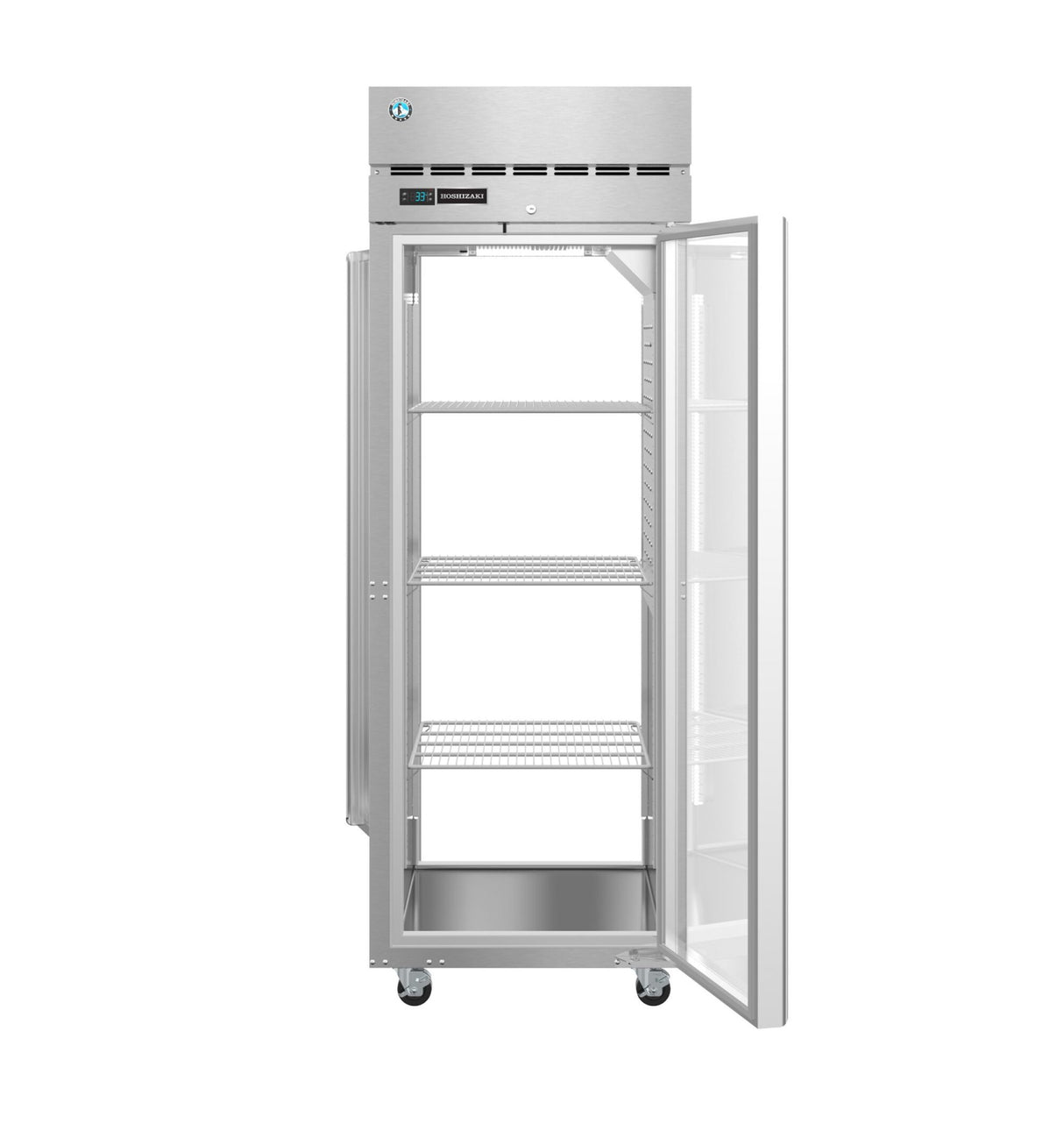 A Hoshizaki Steelheart Series Refrigerator with a glass door stands open, showing three metal wire shelves inside. This commercial refrigerator is on wheels, featuring a top control panel and vents. Both the interior and exterior are spotless and empty.