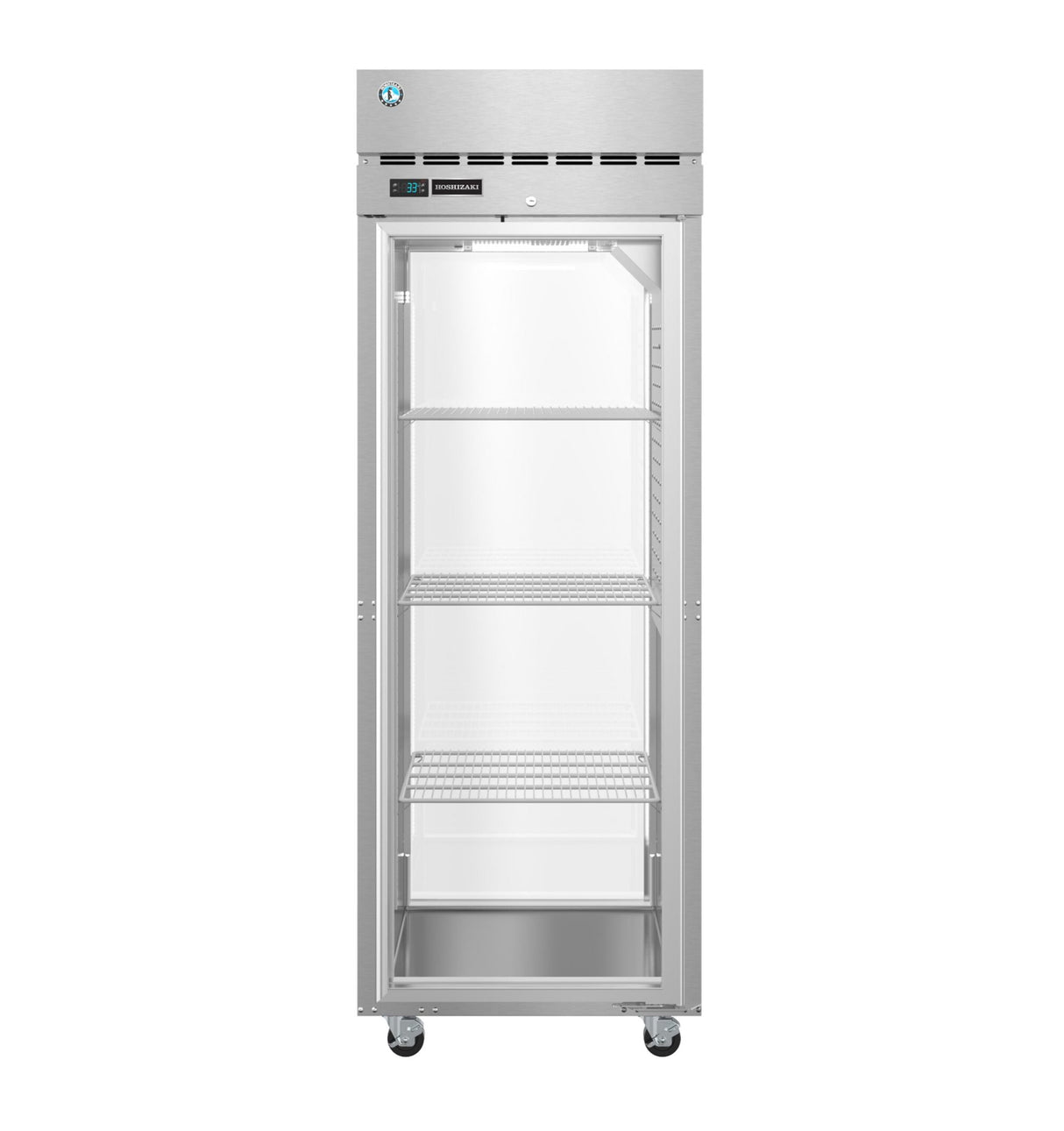 A tall, stainless steel Hoshizaki Steelheart Series Refrigerator with a glass front door, four wire shelves, digital temperature display, top ventilation grills, and caster wheels at the base. The interior is empty.