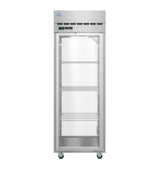 A tall, stainless steel Hoshizaki Steelheart Series Refrigerator with a glass front door, four wire shelves, digital temperature display, top ventilation grills, and caster wheels at the base. The interior is empty.