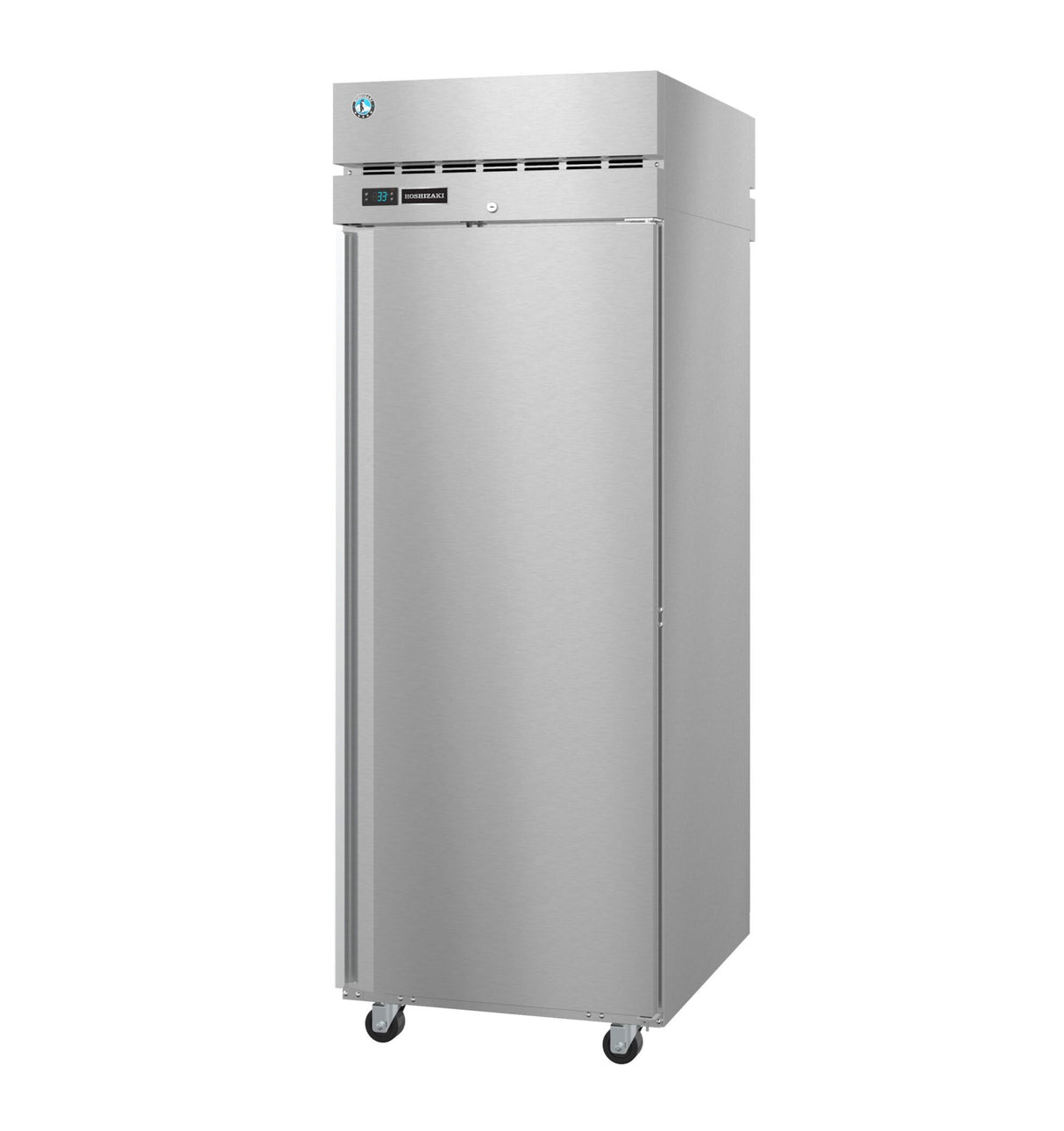 A tall, single-door commercial refrigerator with a stainless steel finish, digital control panel, and vent near the top stands on four caster wheels for mobility, shown against a plain white background.