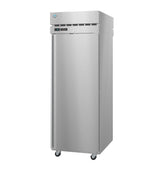 A tall, single-door commercial refrigerator with a stainless steel finish, digital control panel, and vent near the top stands on four caster wheels for mobility, shown against a plain white background.