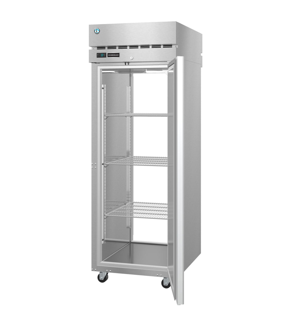 A tall, stainless steel commercial refrigerator with a single open door, three metal wire shelves inside, and a control panel above the door. This robust pass-thru refrigerator stands on four caster wheels against a plain white background.