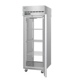 A tall, stainless steel commercial refrigerator with a single open door, three metal wire shelves inside, and a control panel above the door. This robust pass-thru refrigerator stands on four caster wheels against a plain white background.