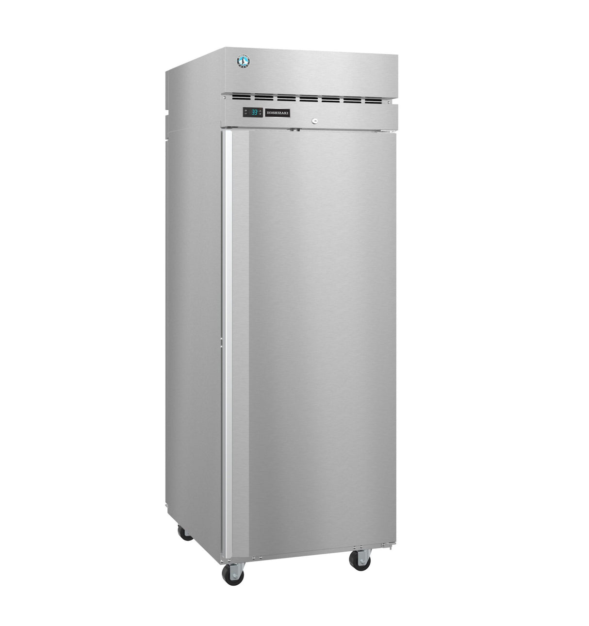 A tall, stainless steel commercial refrigerator with a single solid door, digital display, and ventilation slats on top stands on four caster wheels against a white background.