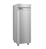 A tall, stainless steel commercial refrigerator with a single solid door, digital display, and ventilation slats on top stands on four caster wheels against a white background.