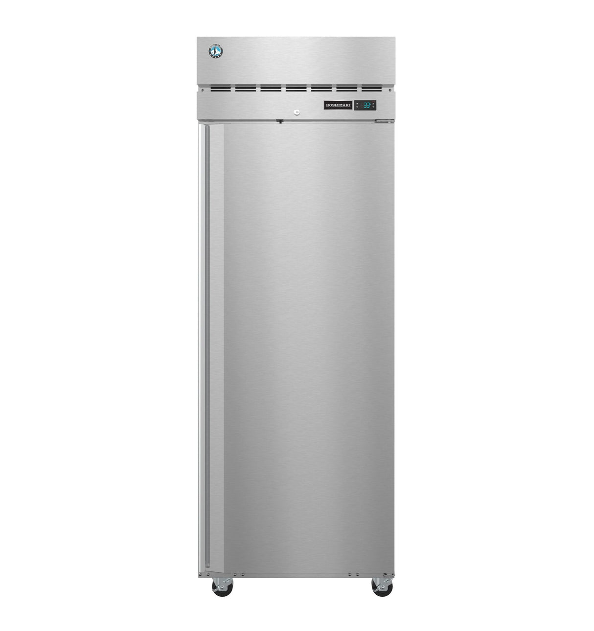A tall, silver, commercial pass-thru refrigerator stands on small caster wheels. The front features a vertical handle on the left, vents and a digital temperature display near the top, and a circular logo in the upper left corner.