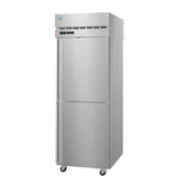 A tall, stainless steel refrigerator from the Steelheart Series with two doors, a digital temperature display, and air vents at the top. It stands on four small caster wheels for mobility, featuring a clean, industrial design.