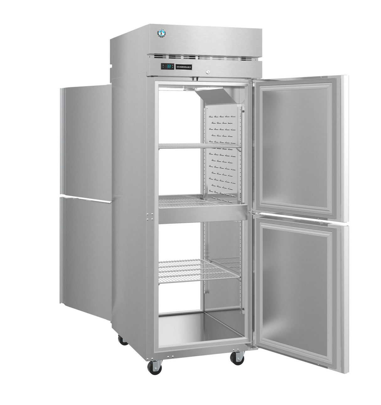 A Steelheart Series Refrigerator, this stainless steel refrigerator features four sections and two doors revealing wire shelves inside. Its pass-thru design offers easy access, while casters and a sleek, reflective finish add to its commercial appeal.