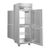 A Steelheart Series Refrigerator, this stainless steel refrigerator features four sections and two doors revealing wire shelves inside. Its pass-thru design offers easy access, while casters and a sleek, reflective finish add to its commercial appeal.